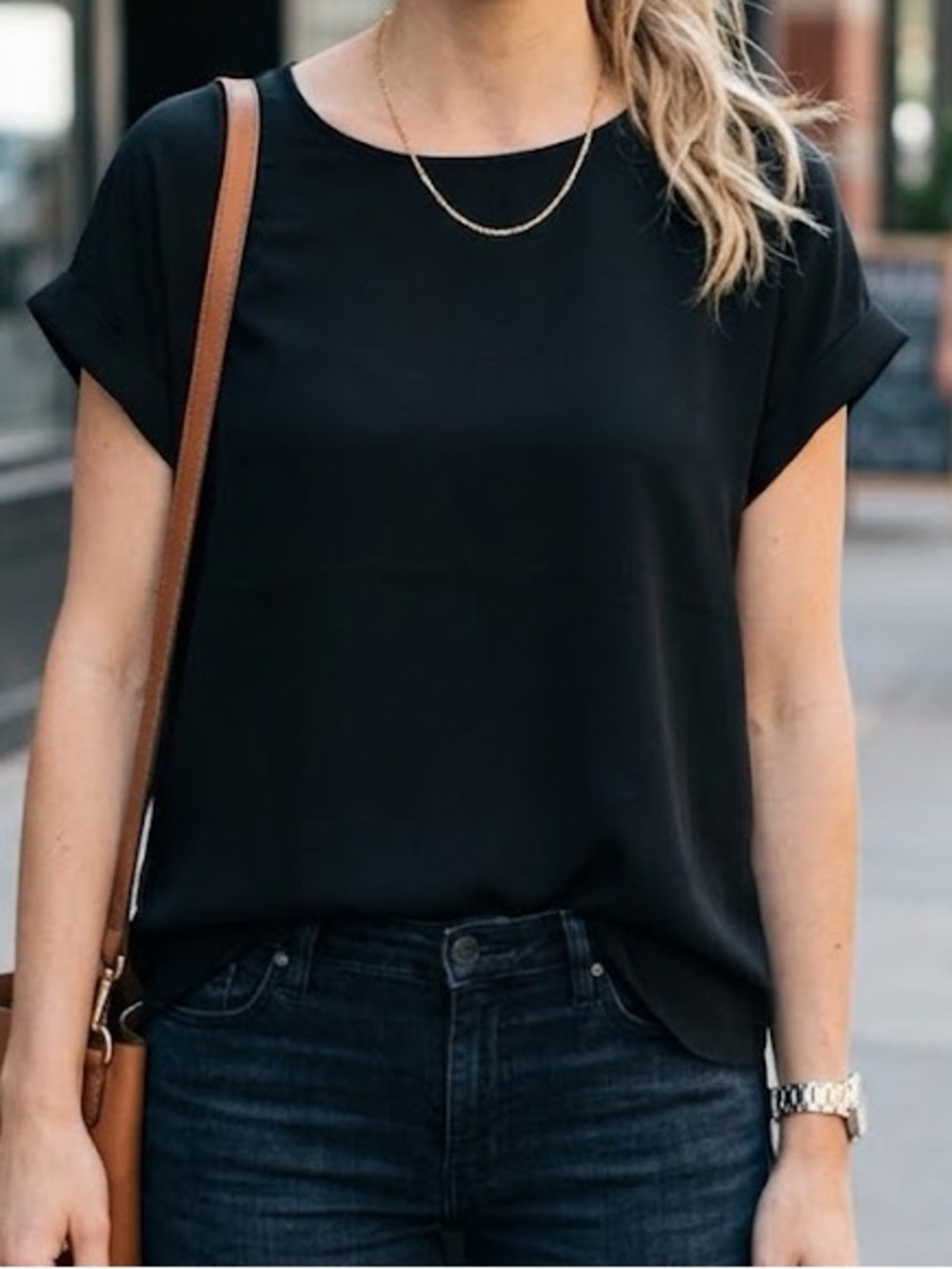 Como Vintage Black Cuffed Short Sleeve High-Low Blouse - Medium